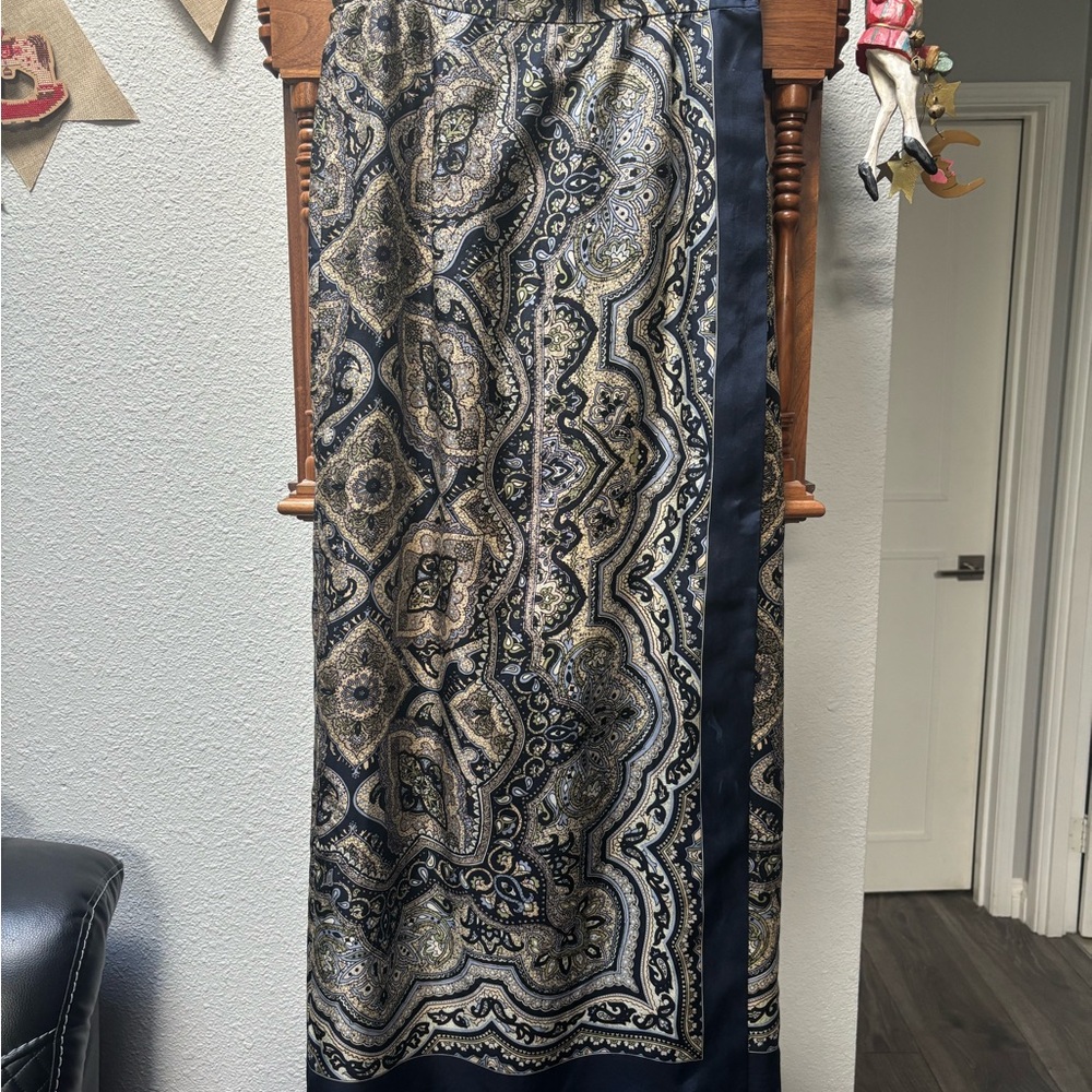 Talbots Silk Navy and Gold Paisley Maxi Skirt with Cream Accents